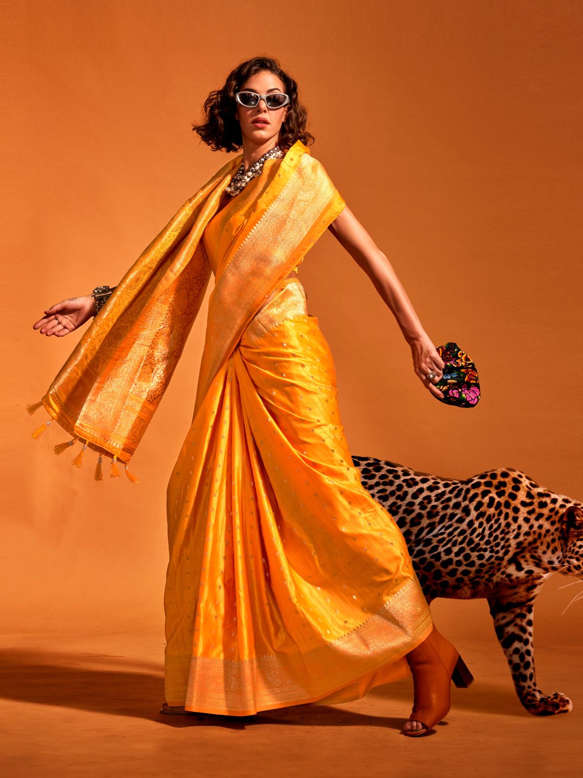 Odette Yellow Satin Woven Saree With Unstitched Blouse For Women