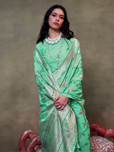 Odette Green Silk Blend Woven Saree With Unstitched Blouse For Women