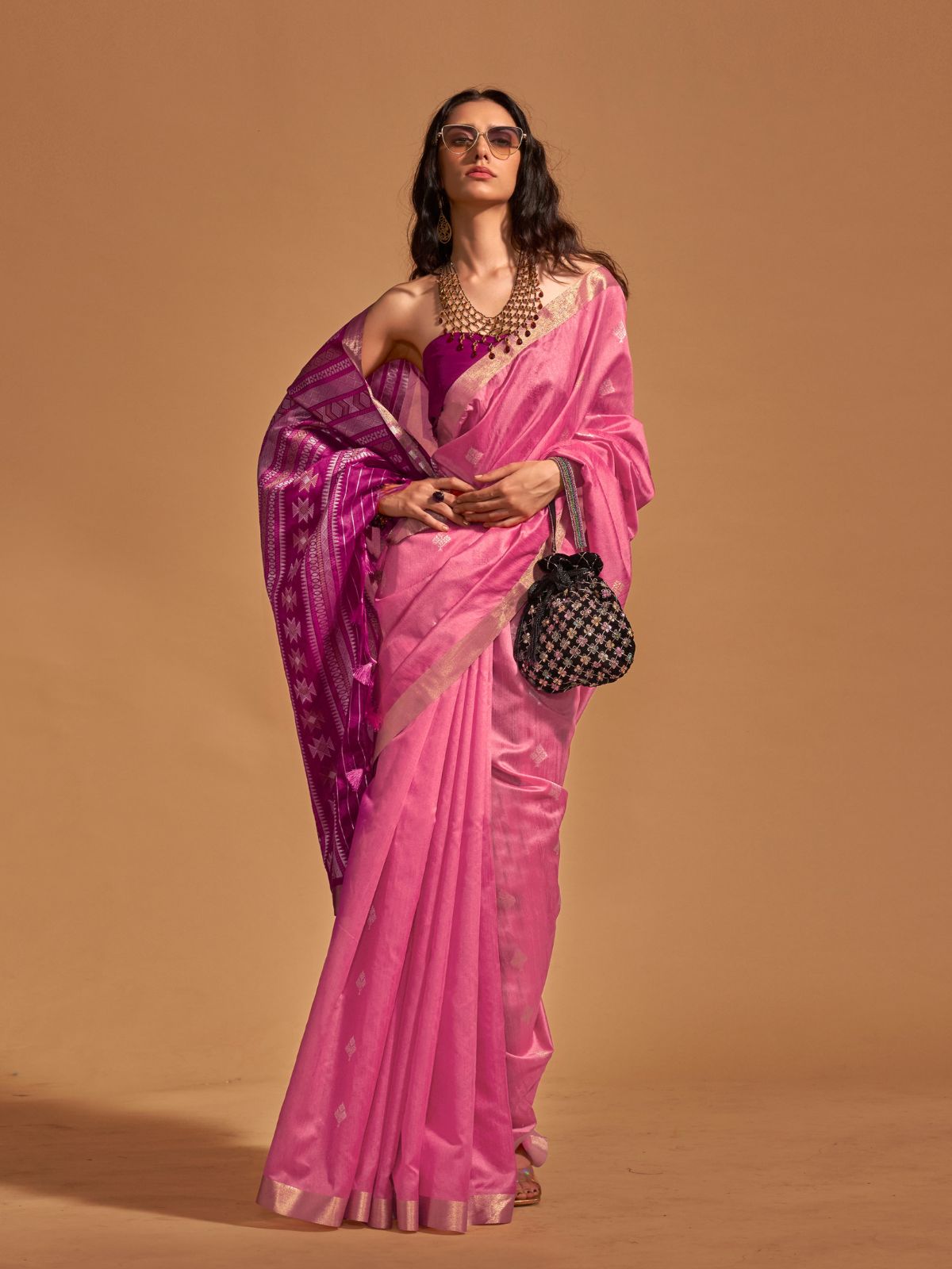 Odette Light Pink Silk Blend Woven Saree With Unstitched Blouse For Women