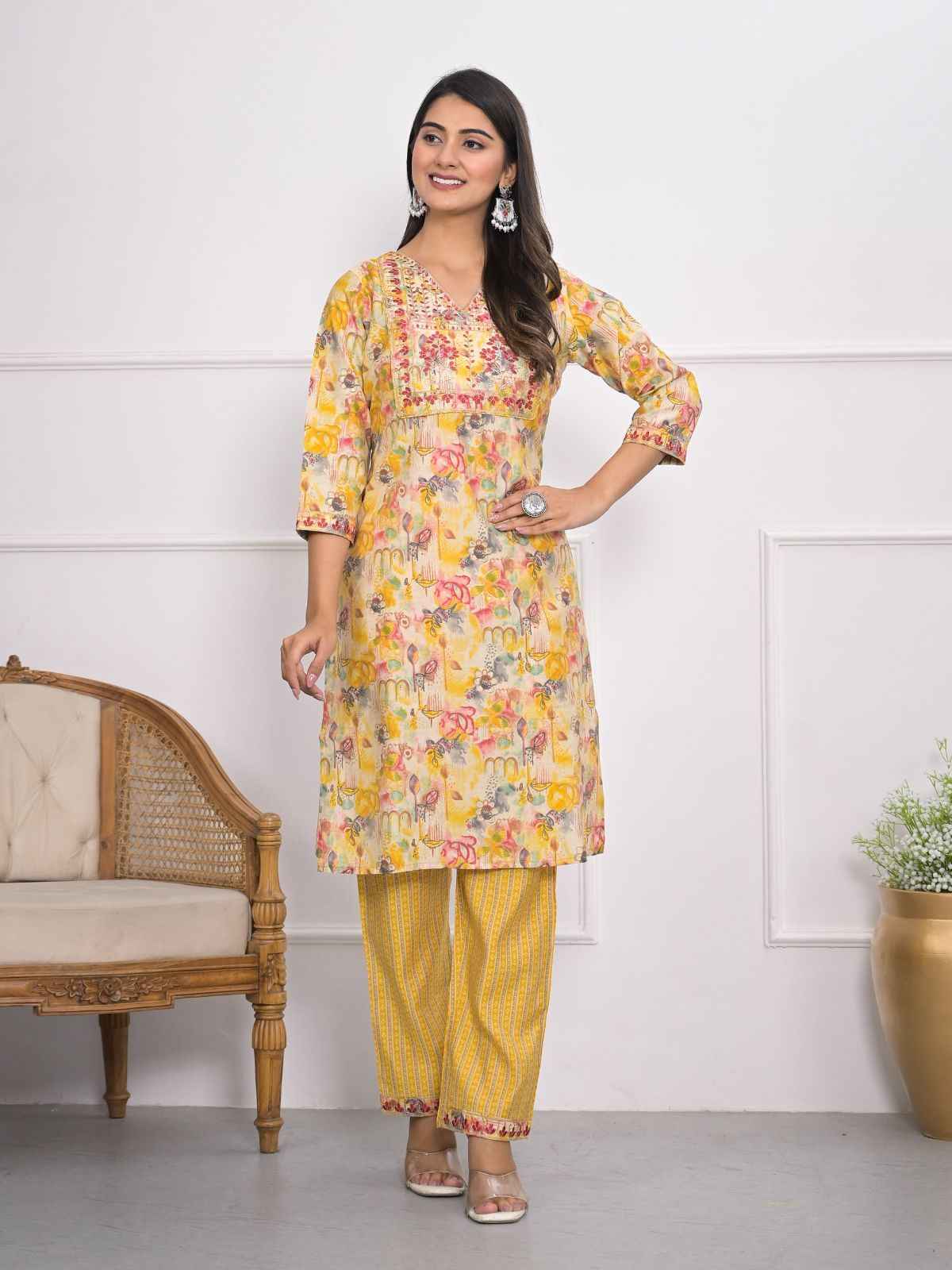 Odette Yellow Chanderi Embroidered And Printed Stitched Kurta Set Without Dupatta For Women