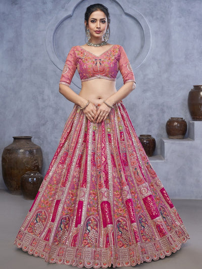 Odette Pink Organza Embellished Semi-Stitched Lehenga With Unstitched Blouse For Women