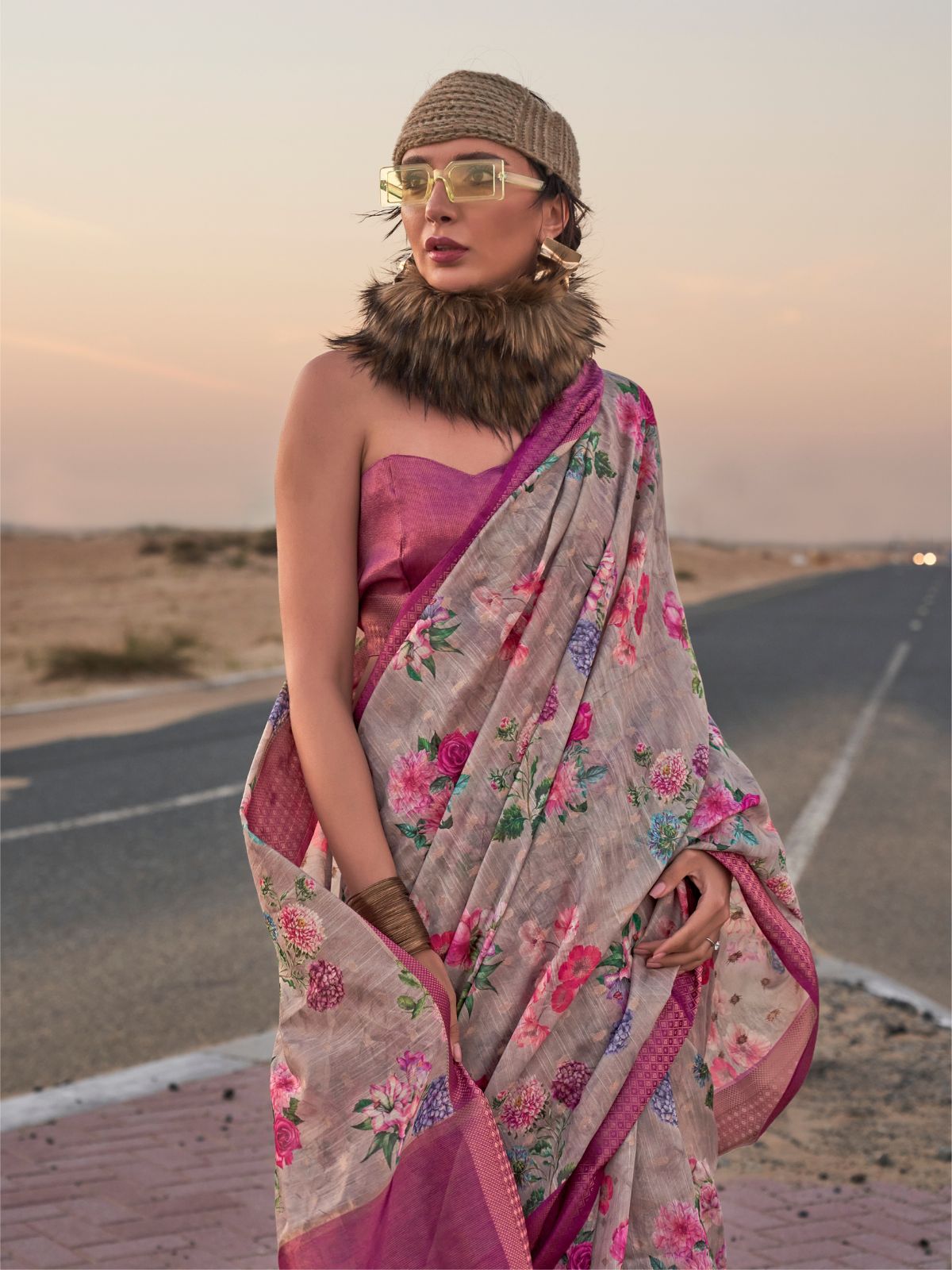 Odette Grey Linen Printed Saree With Unstitched Blouse For Women