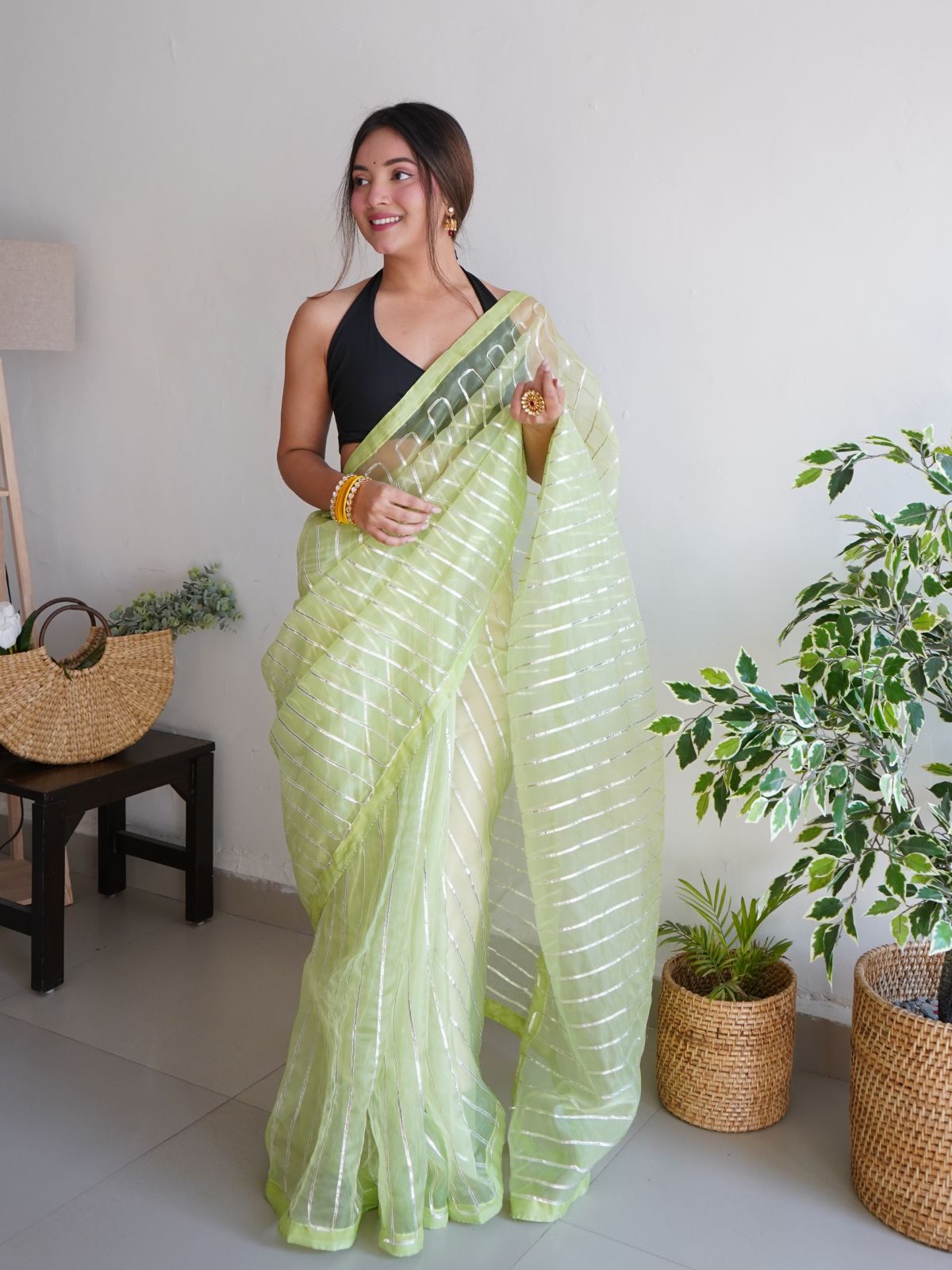 Odette Light Green Organza Lace Work Saree With Unstitched Blouse For Women