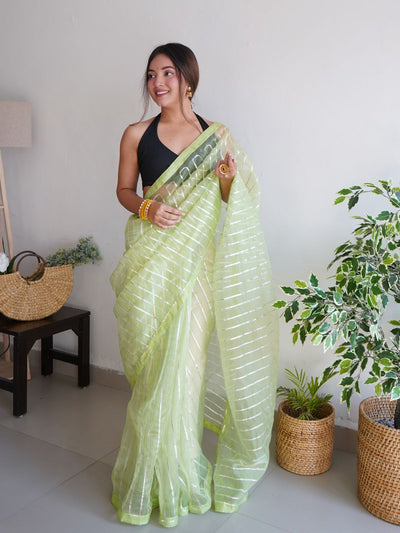 Odette Light Green Organza Lace Work Saree With Unstitched Blouse For Women