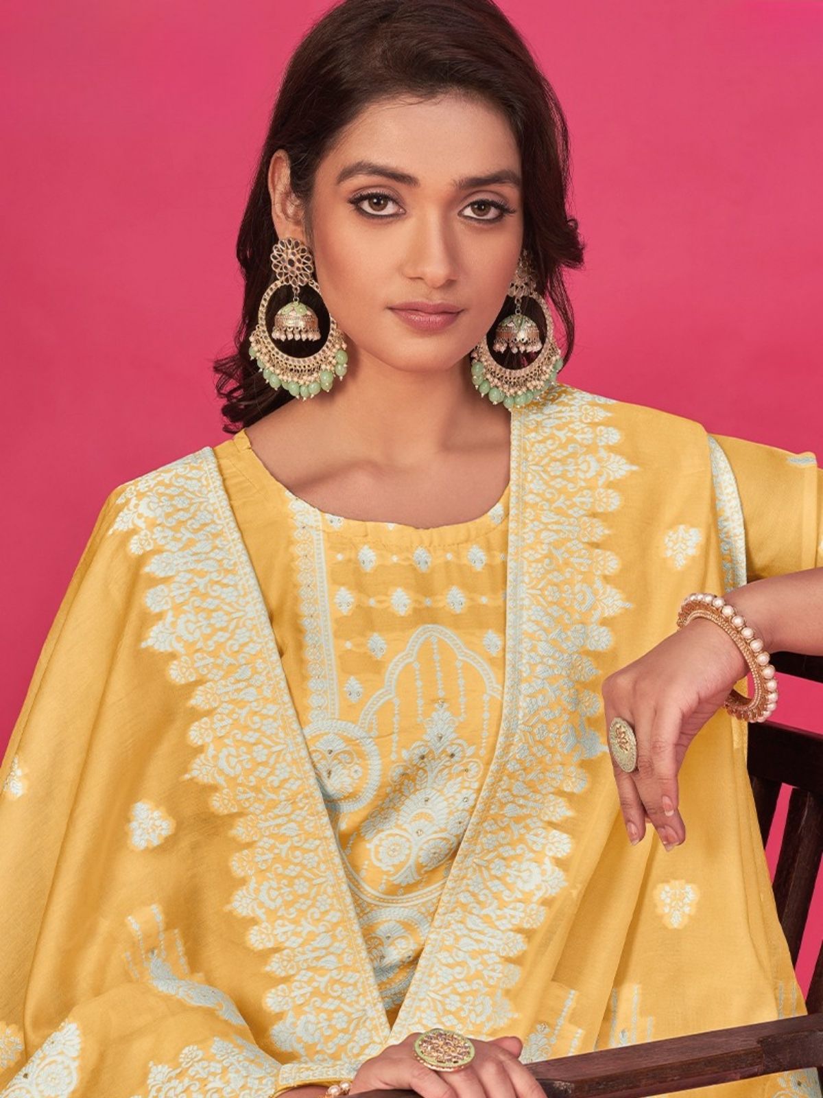 Odette Yellow Organza Embroidered Semi-Stitched Kurta Set For Women