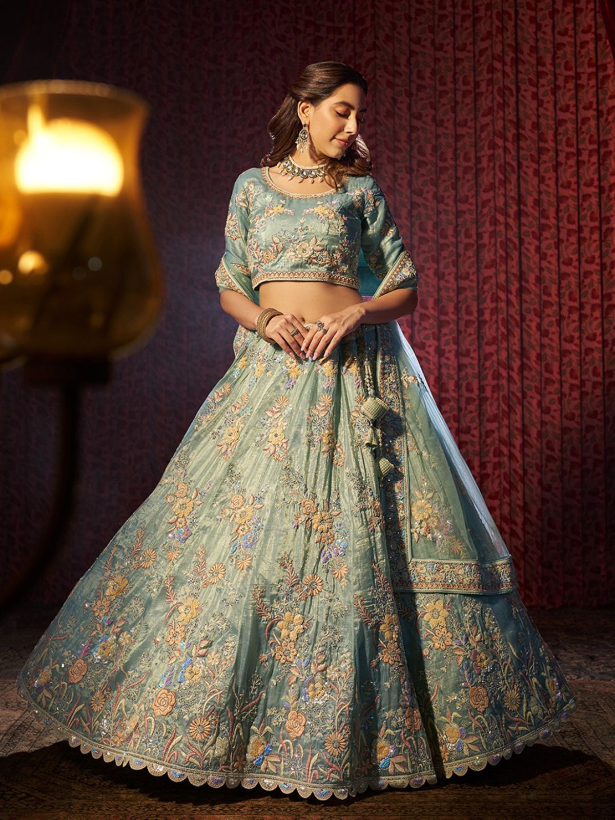 Odette Blue Organza Embroidered Semi-Stitched Lehenga For Women