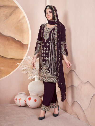 Odette Wine Georgette Embroidered Stitched Kurta Set For Women