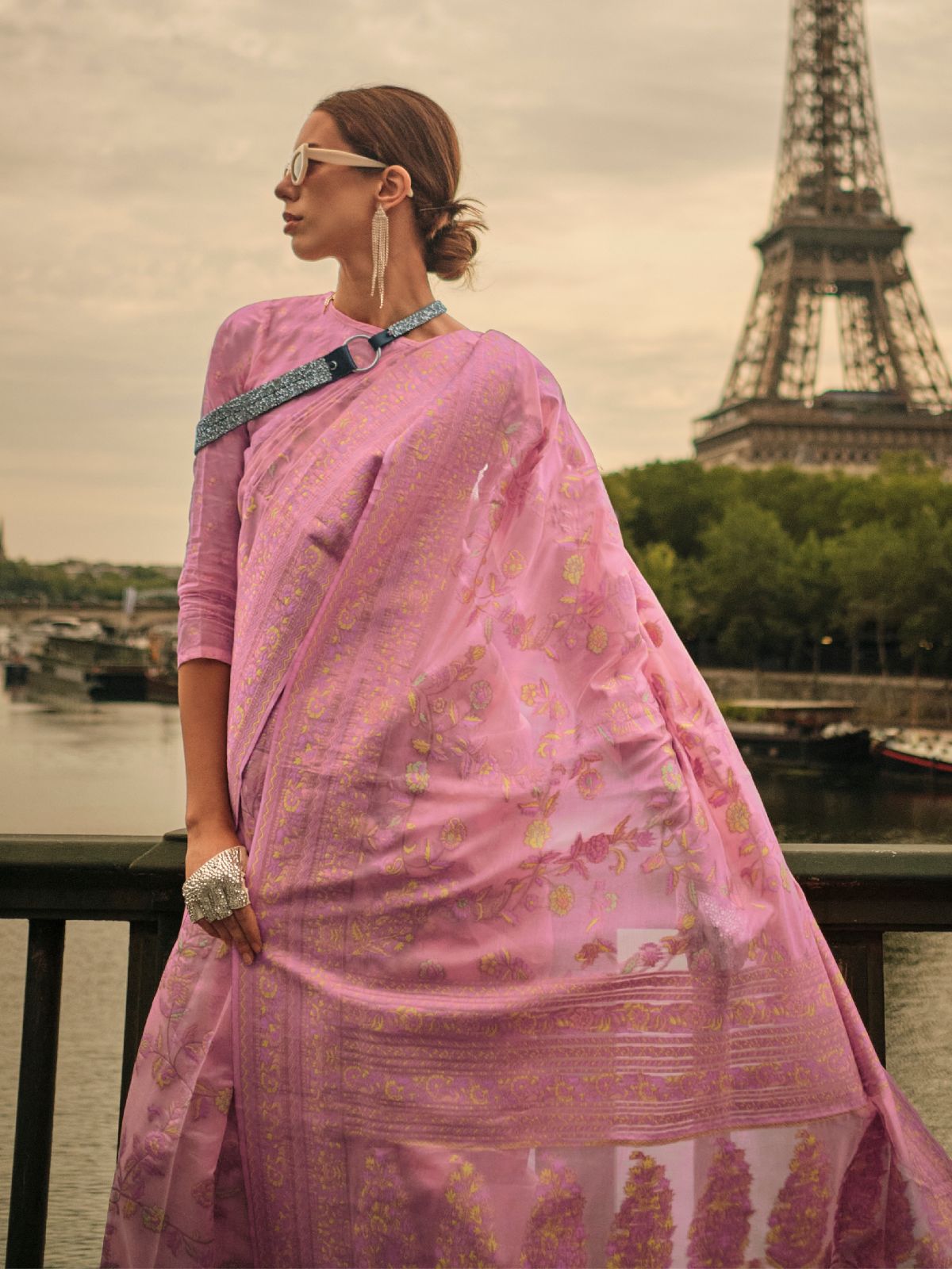 Odette Pink Organza Woven Saree With Unstitched Blouse For Women