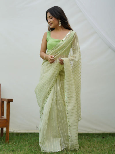 Odette Light Green Organza Mirror Work Saree With Unstitched Blouse For Women