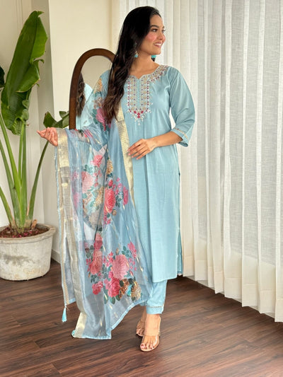 Odette Blue Viscose chanderi Embroidered Stitched Kurta Set For Women