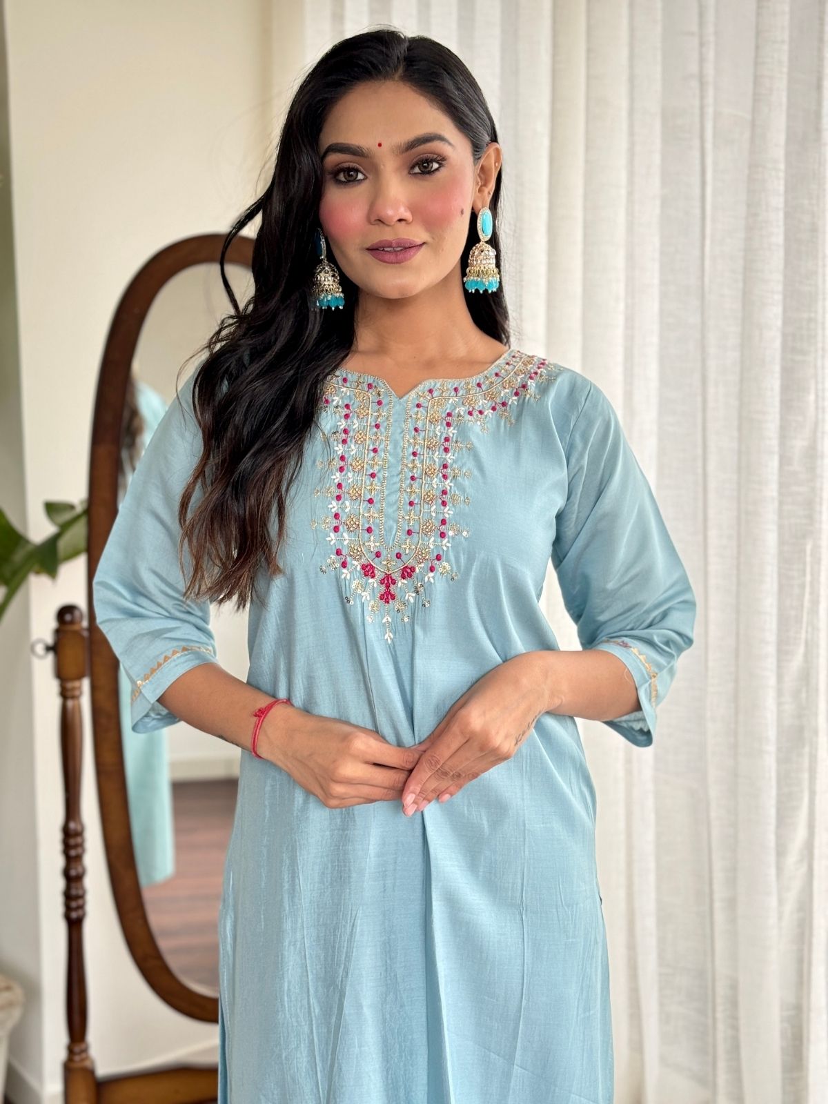 Odette Blue Viscose chanderi Embroidered Stitched Kurta Set For Women