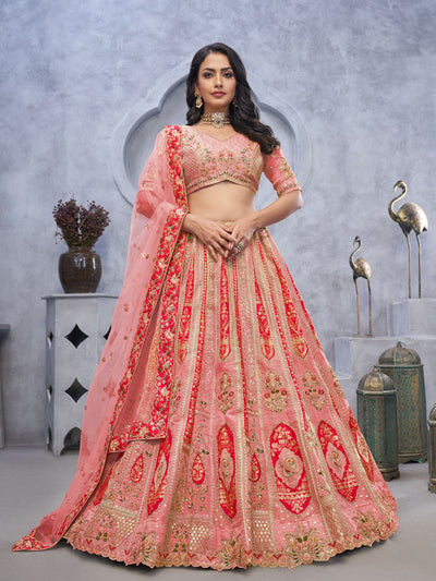 Odette Pink Organza Embellished Semi-Stitched Lehenga With Unstitched Blouse For Women