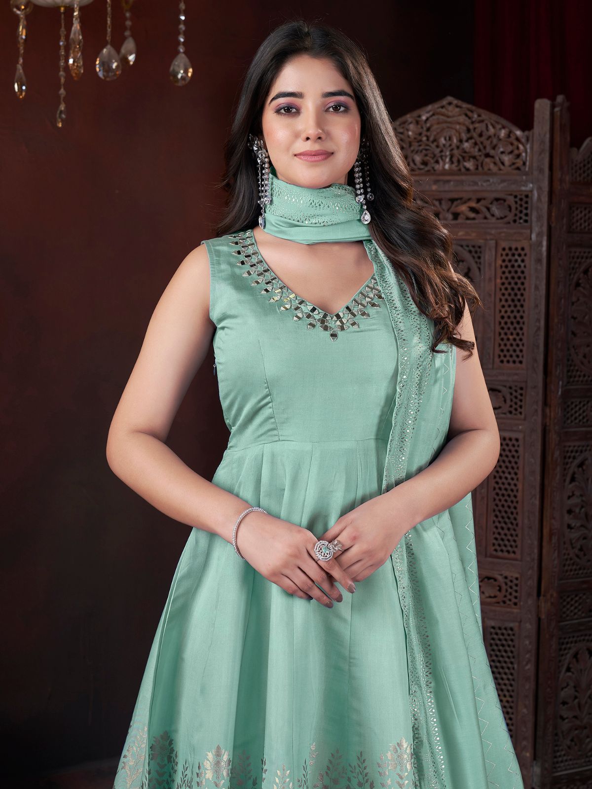 Odette Green Silk Blend Woven Stitched Kurta Set For Women