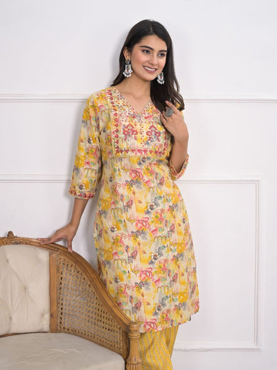 Odette Yellow Chanderi Embroidered And Printed Stitched Kurta Set Without Dupatta For Women