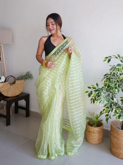 Odette Light Green Organza Lace Work Saree With Unstitched Blouse For Women