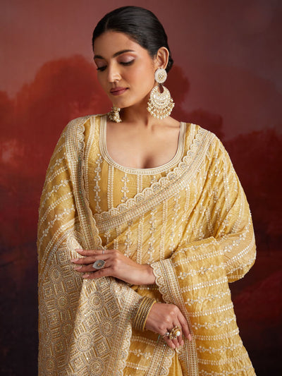 Odette Mustard Organza Embellished Saree For Women