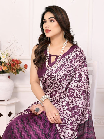 Odette Purple Khadi Printed Saree With Unstitched Blouse For Women