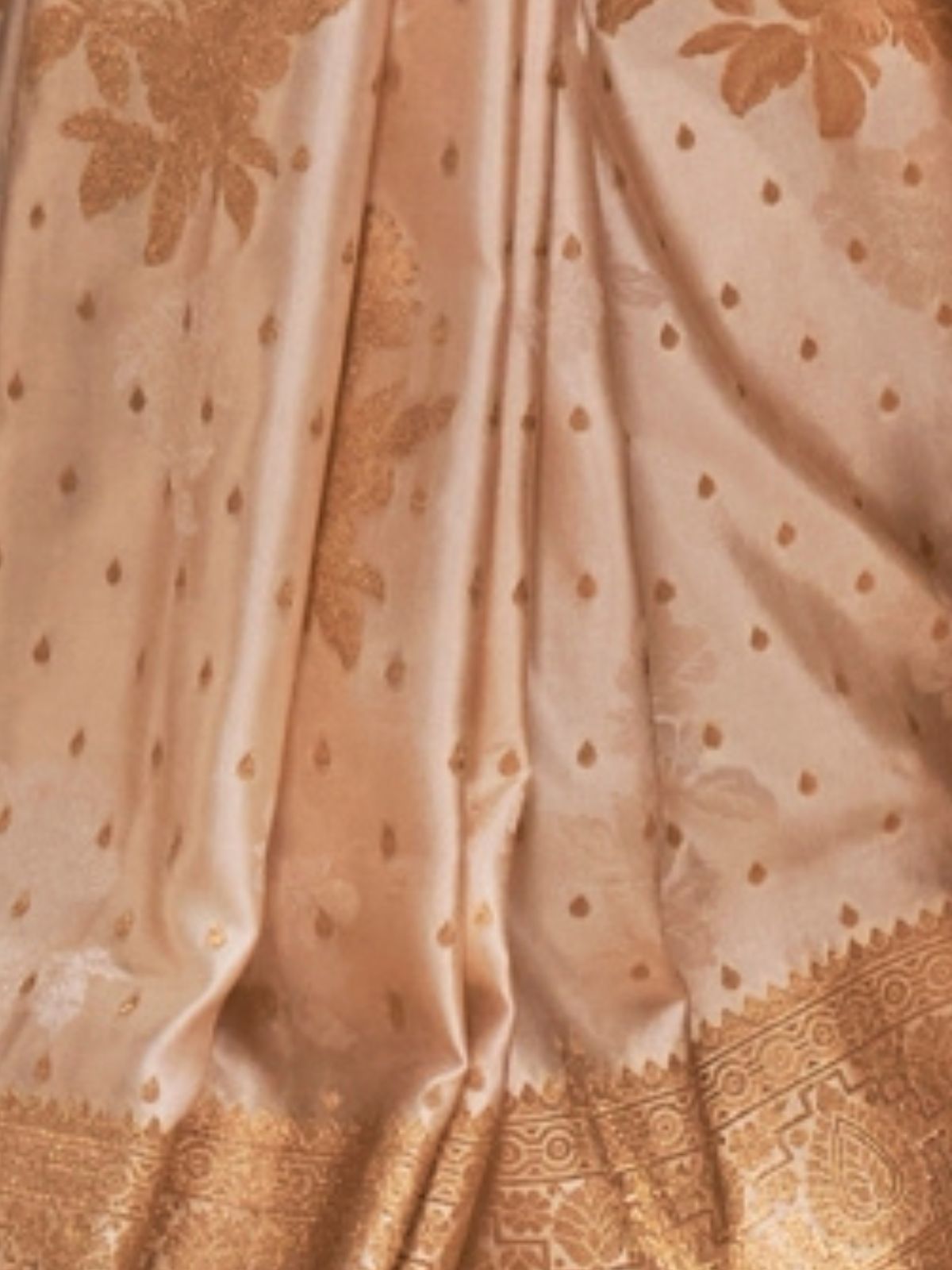 Odette Beige Satin Woven Saree With Unstitched Blouse For Women