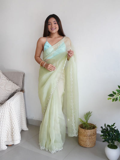 Odette Light Green Organza Embroidered Saree With Unstitched Blouse For Women