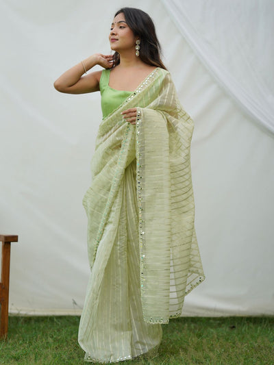 Odette Light Green Organza Mirror Work Saree With Unstitched Blouse For Women