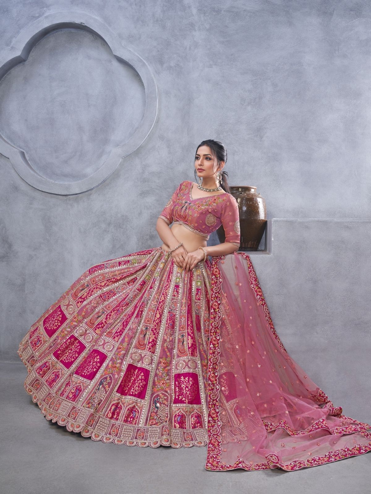 Odette Pink Organza Embellished Semi-Stitched Lehenga With Unstitched Blouse For Women