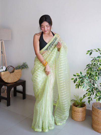 Odette Light Green Organza Lace Work Saree With Unstitched Blouse For Women