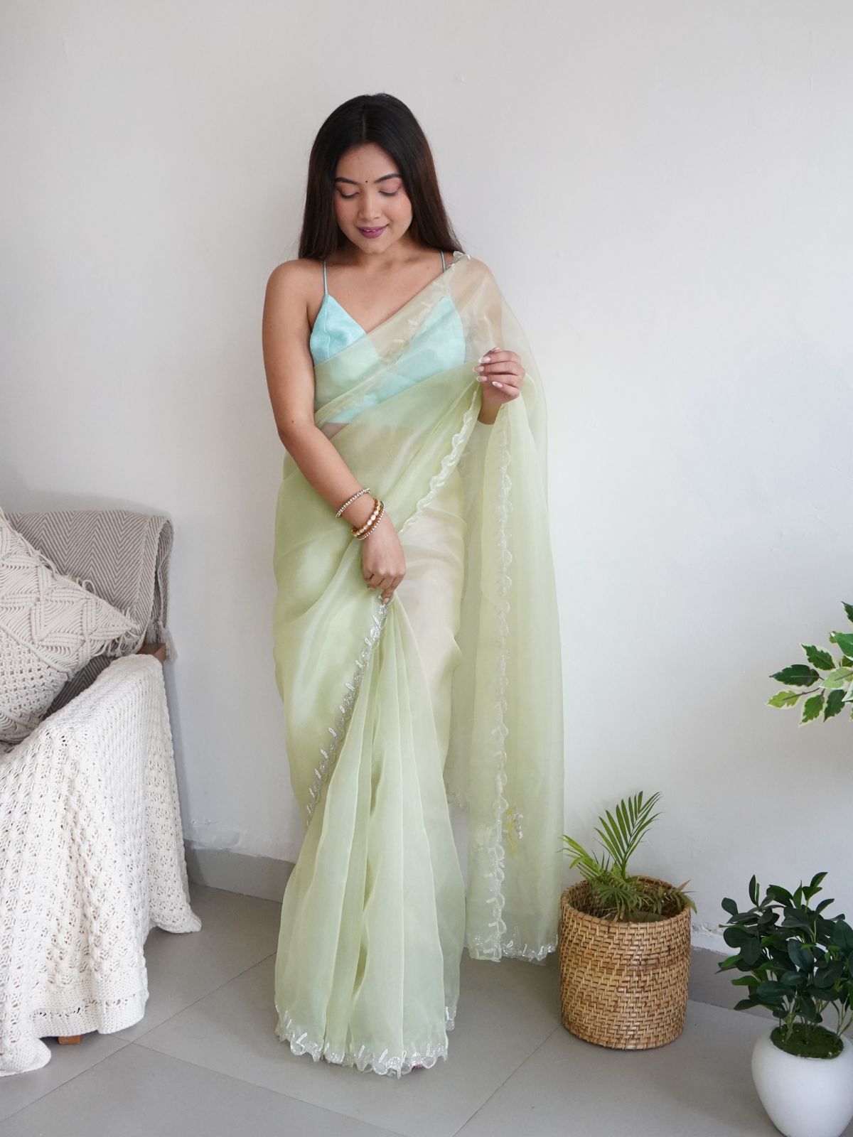 Odette Light Green Organza Embroidered Saree With Unstitched Blouse For Women