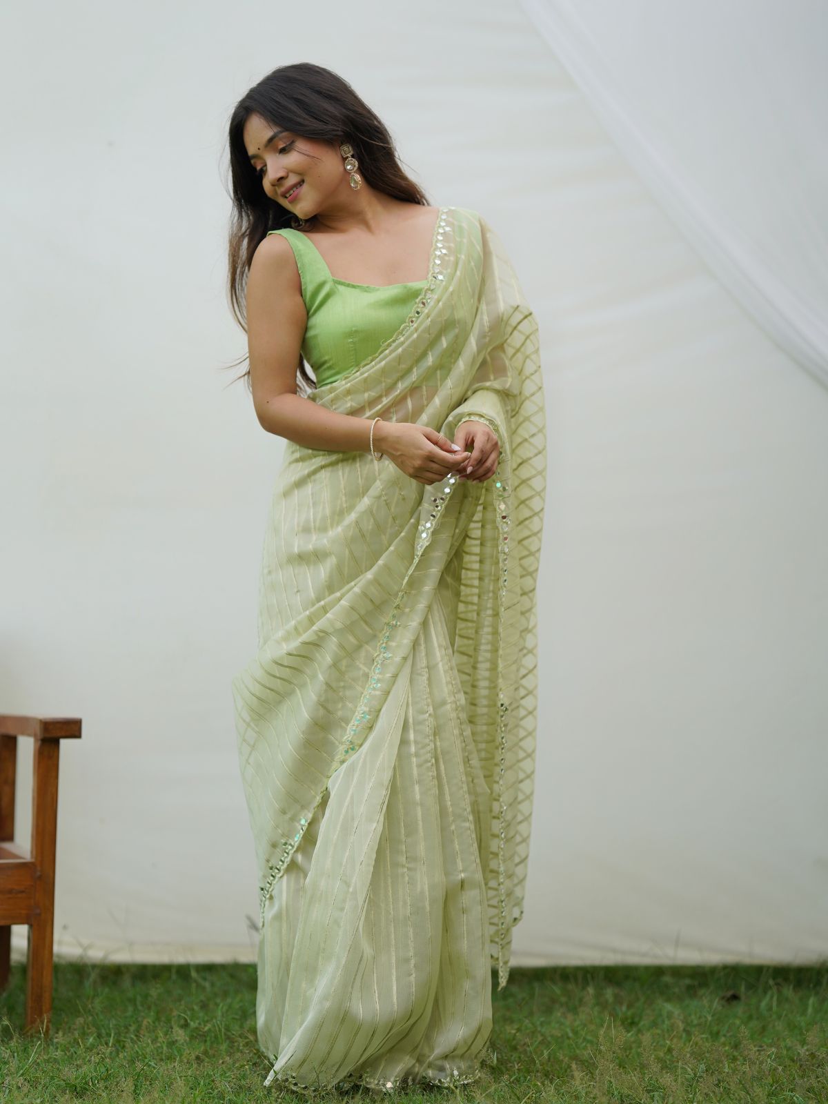 Odette Light Green Organza Mirror Work Saree With Unstitched Blouse For Women