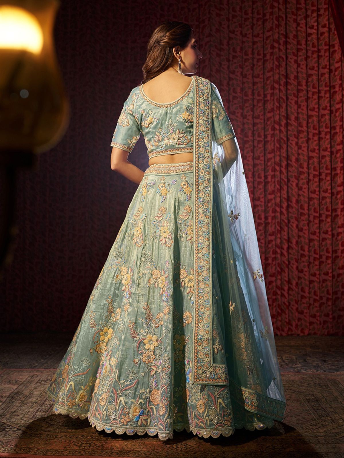 Odette Blue Organza Embroidered Semi-Stitched Lehenga For Women