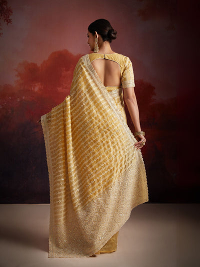 Odette Mustard Organza Embellished Saree For Women