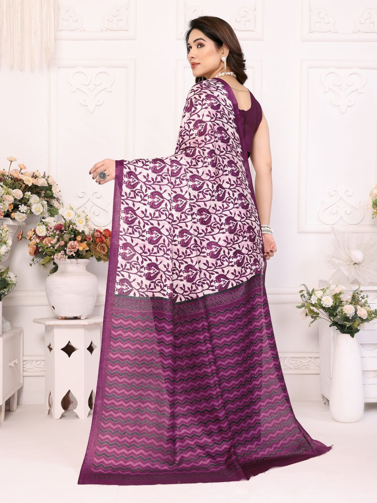 Odette Purple Khadi Printed Saree With Unstitched Blouse For Women