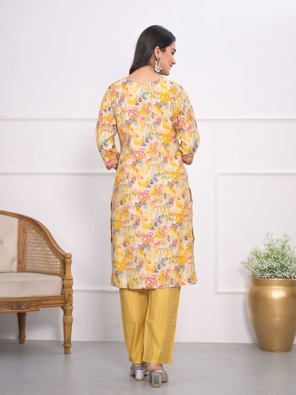 Odette Yellow Chanderi Embroidered And Printed Stitched Kurta Set Without Dupatta For Women