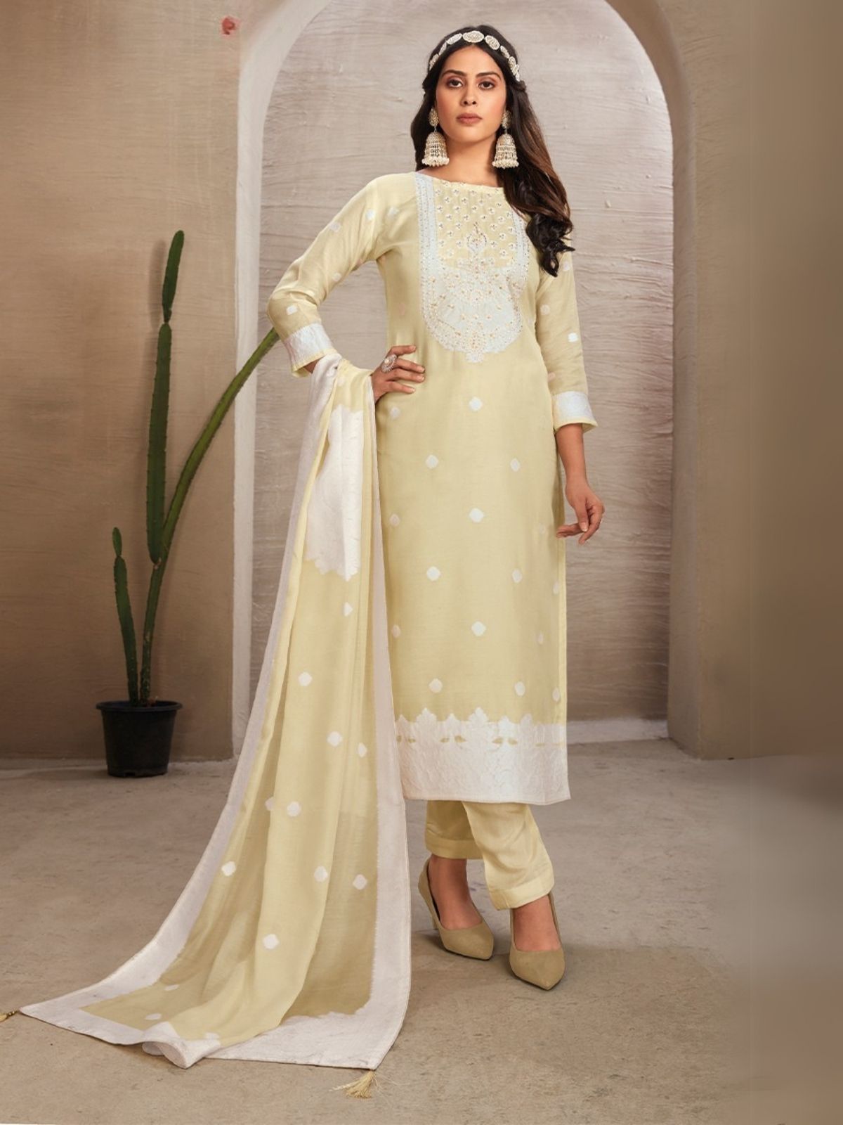 Odette Beige Organza Embroidered Semi-Stitched Kurta Set For Women