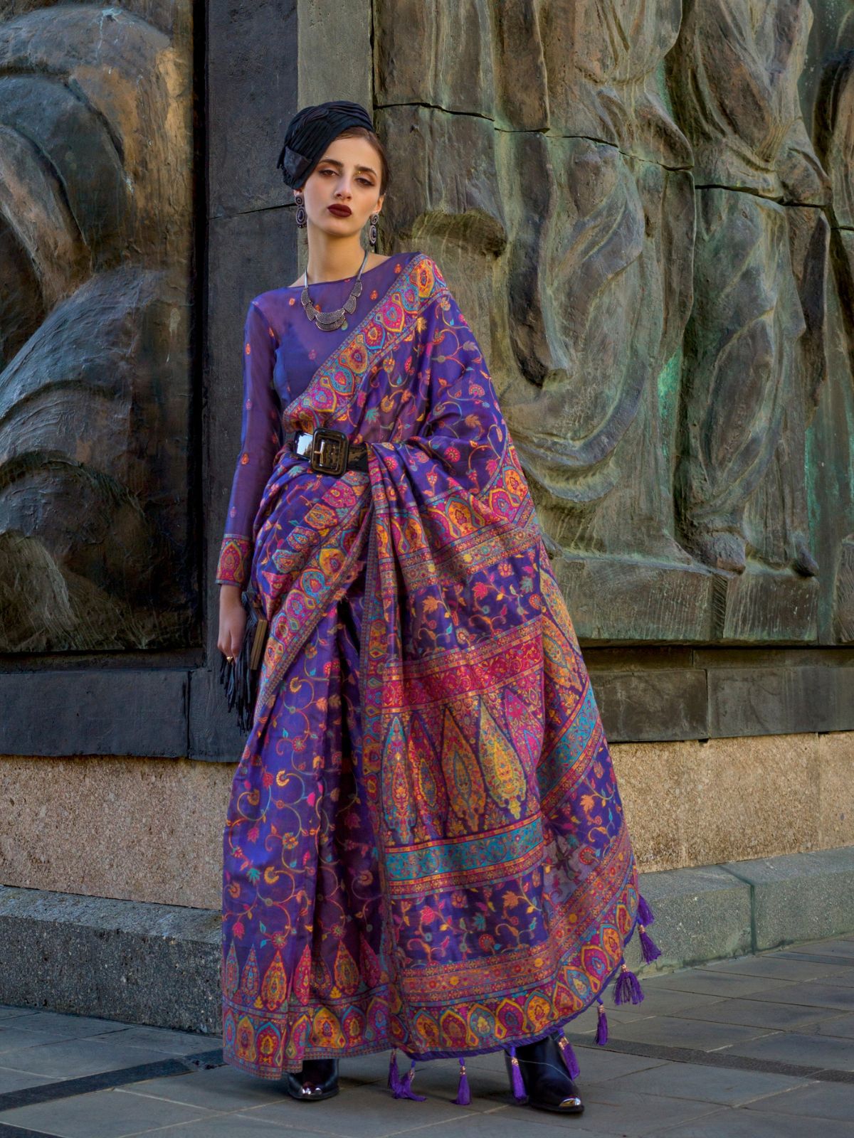 Odette Purple Organza Woven Saree With Unstitched Blouse For Women