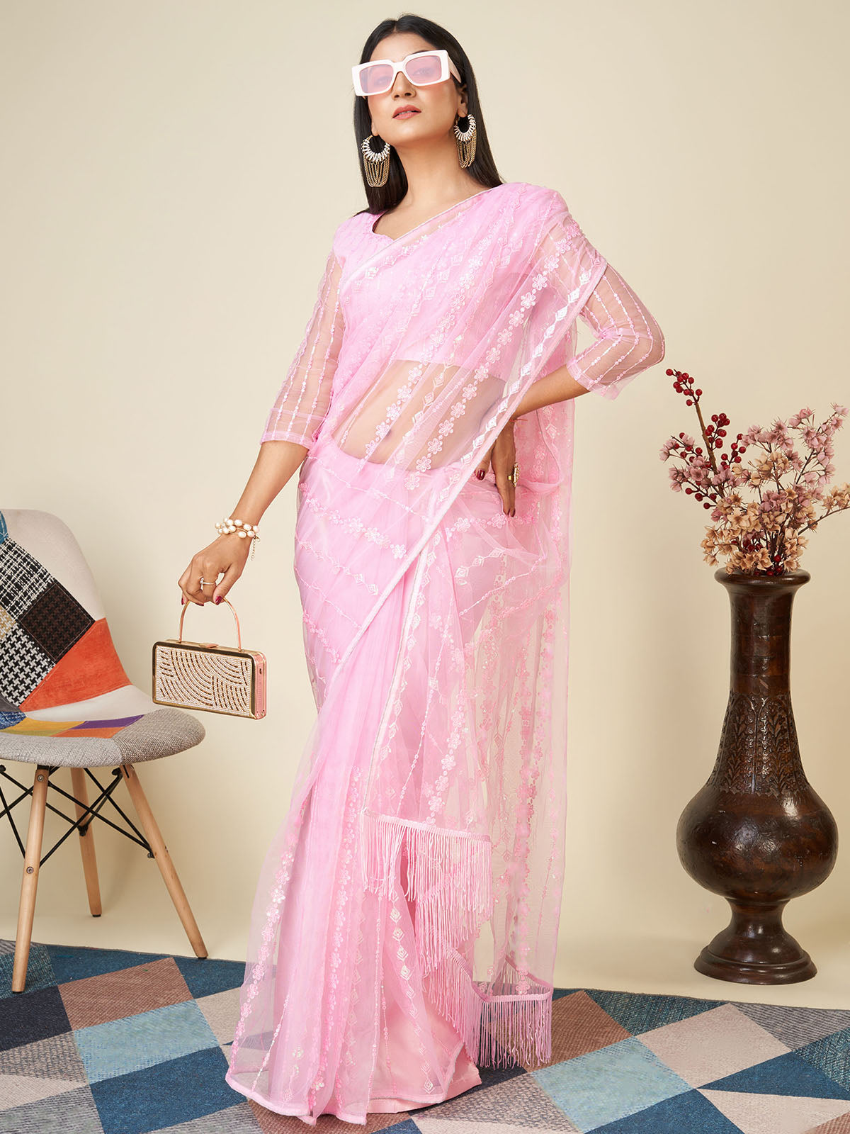 Odette Light Pink Embellished Net Saree With unstitched Blouse For Women