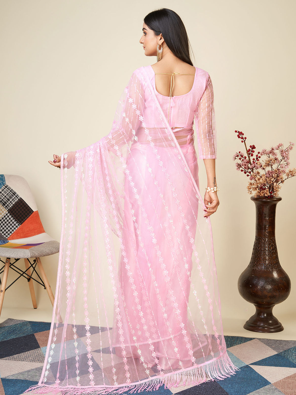 Odette Light Pink Embellished Net Saree With unstitched Blouse For Women