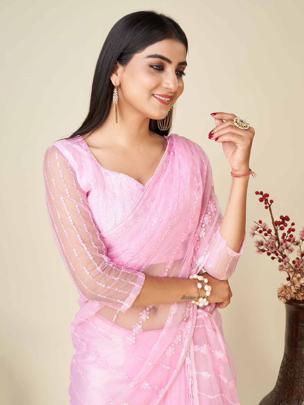 Odette Light Pink Embellished Net Saree With unstitched Blouse For Women