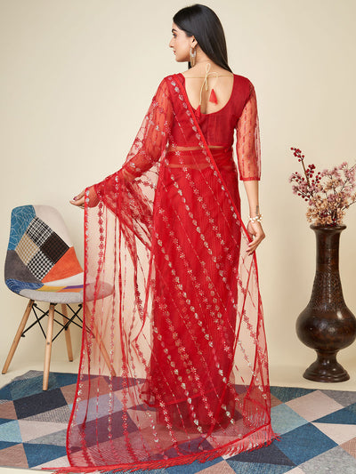 Odette Red Embellished Net Saree With unstitched Blouse For Women