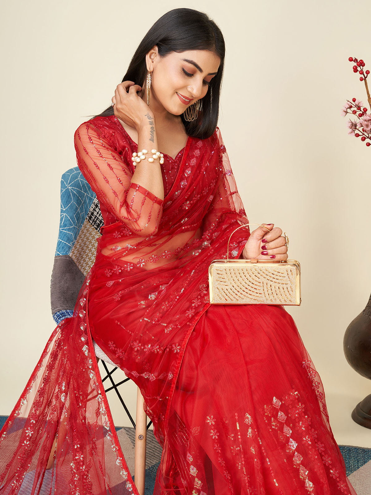 Odette Red Embellished Net Saree With unstitched Blouse For Women