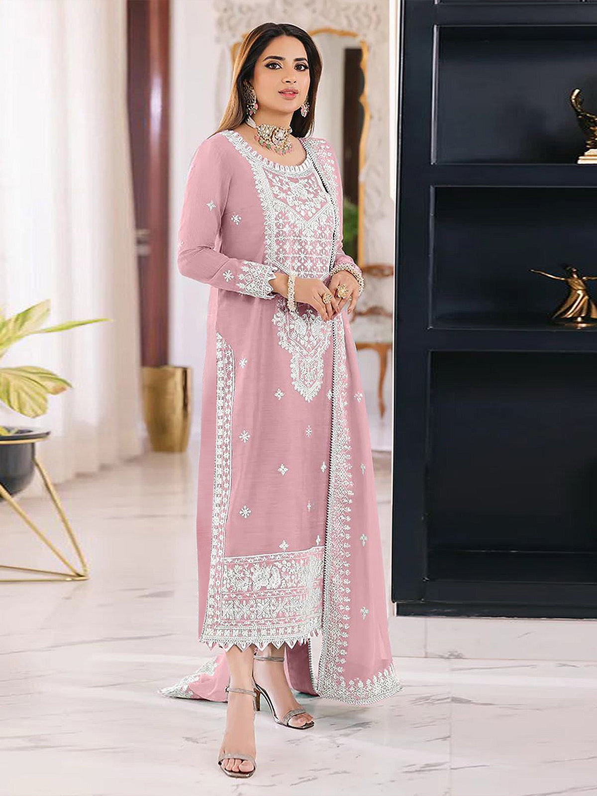 Odette Pink Organza Embroidered Semi Stitched Salwar Suit For Women