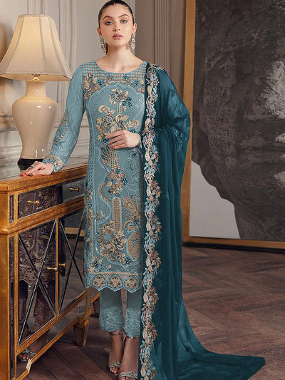 Odette Women Blue Embroidered Georgette Semi Stitched Salwar Suit