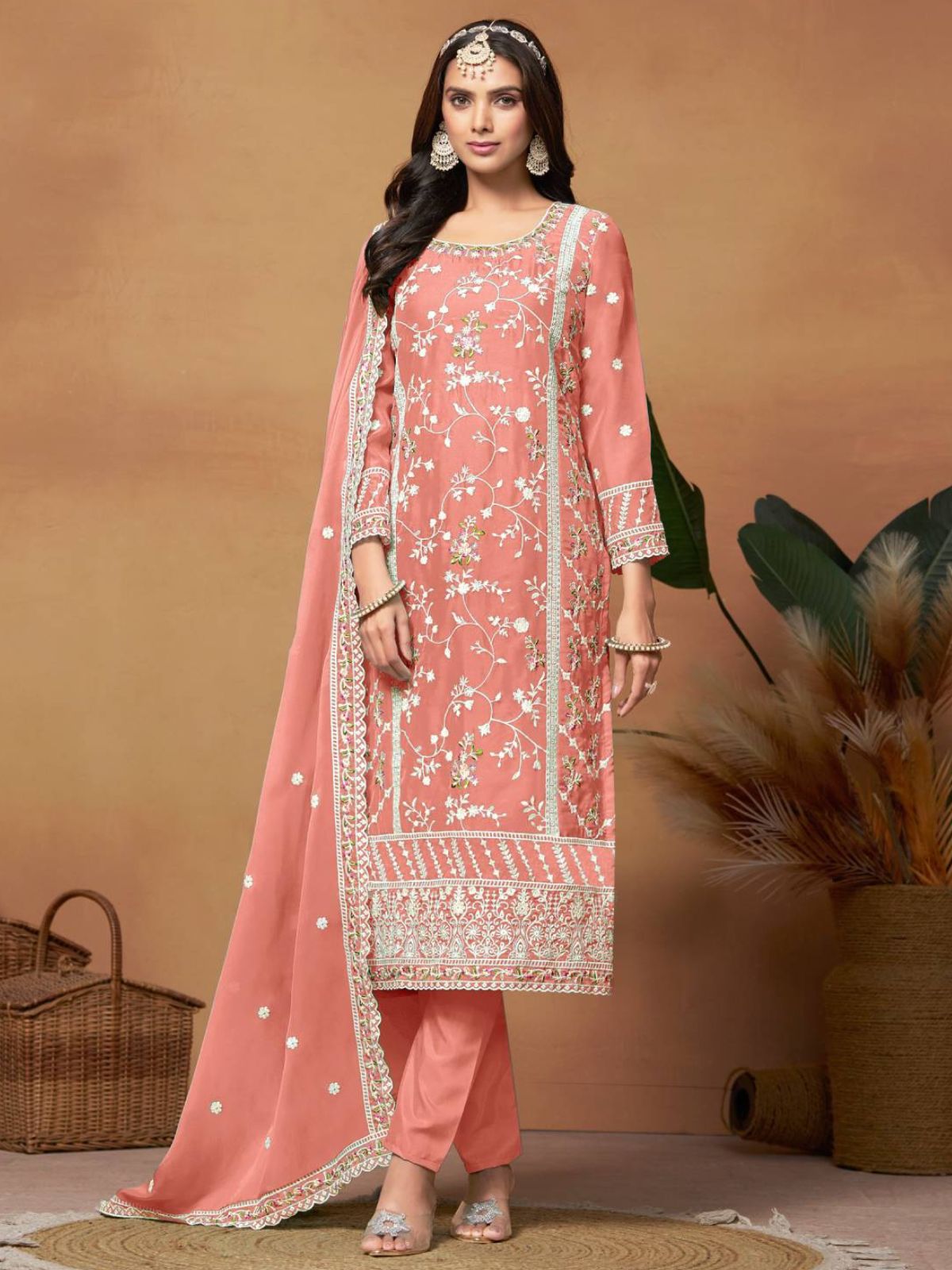 Odette Peach Embroidered Soft Organza Unstitched Kurta Set For Women