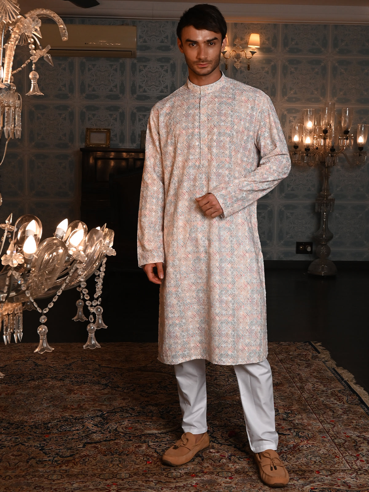 Odette Peach Embroidered Cotton Traditional Kurta Set For Men