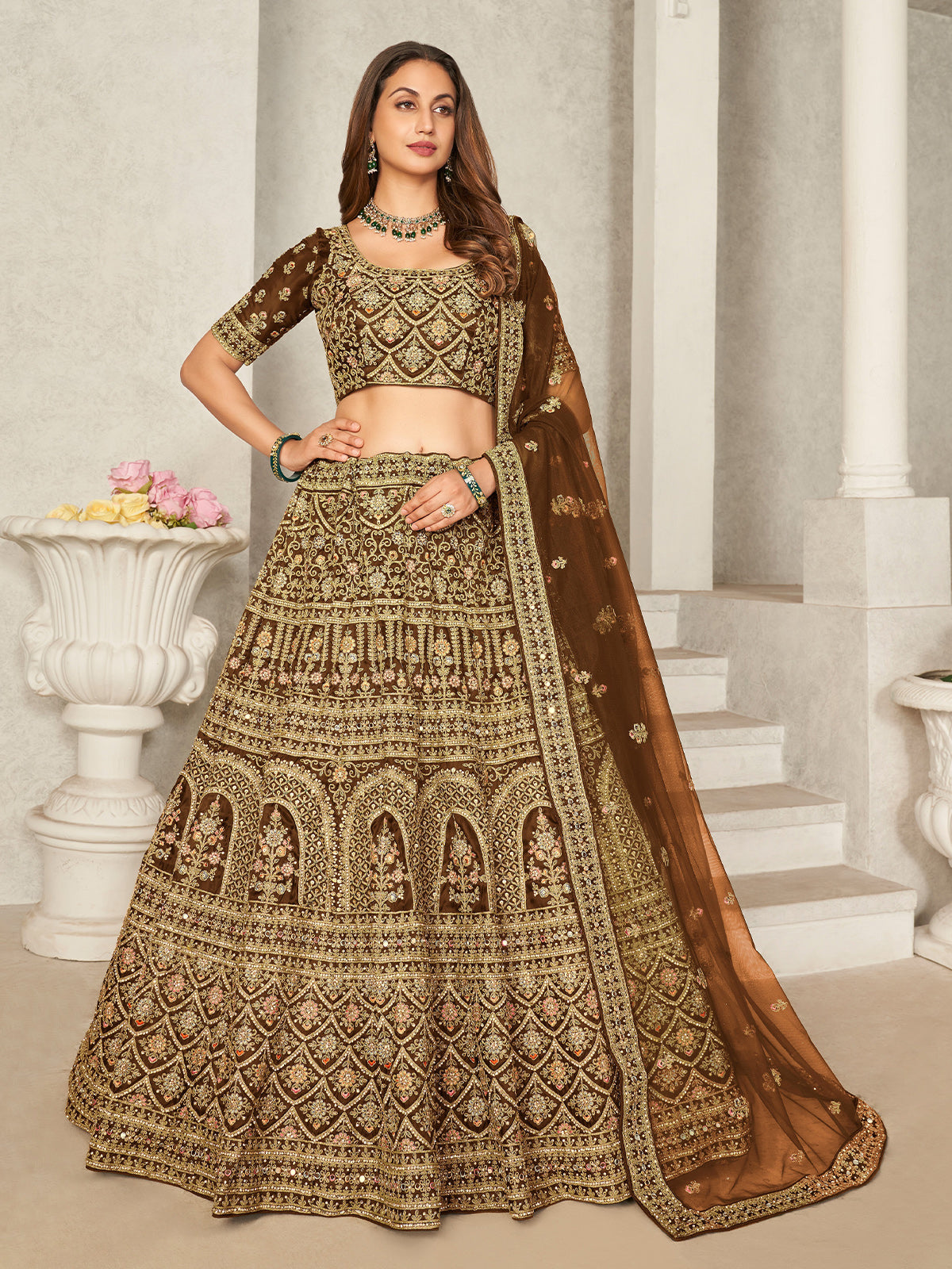 Odette Brown Organza Blend Embroidered Semi Stitched Lehenga With Unstitched Blouse for Women