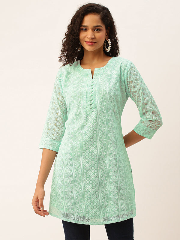 Odette Sea Green Embroidered Georgette Stitched Short Kurta For Women
