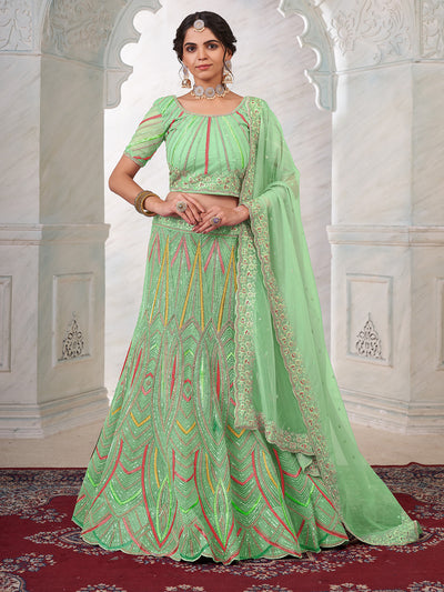 Odette Green Net Embroidered Semi Stitched Lehenga With Unstitched Blouse for Women