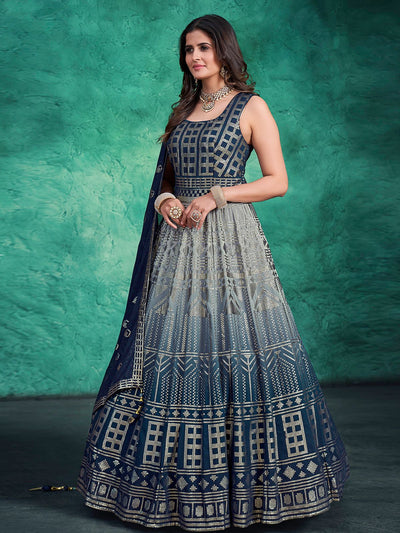 Odette Navy Blue Georgette Embellished Stitched Gown For Women