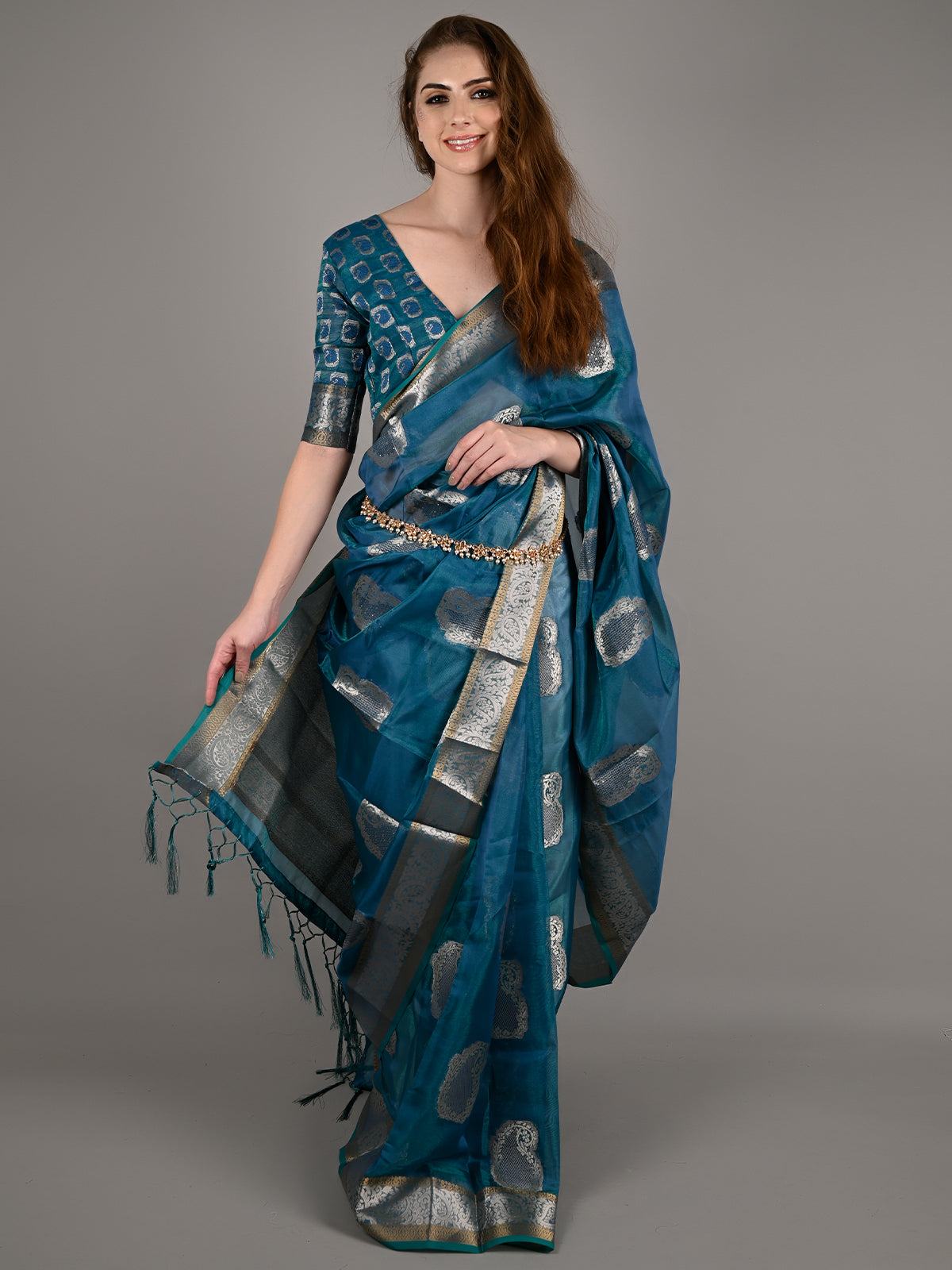 Odette Women Teal Organza Woven Saree With Unstitched Blouse