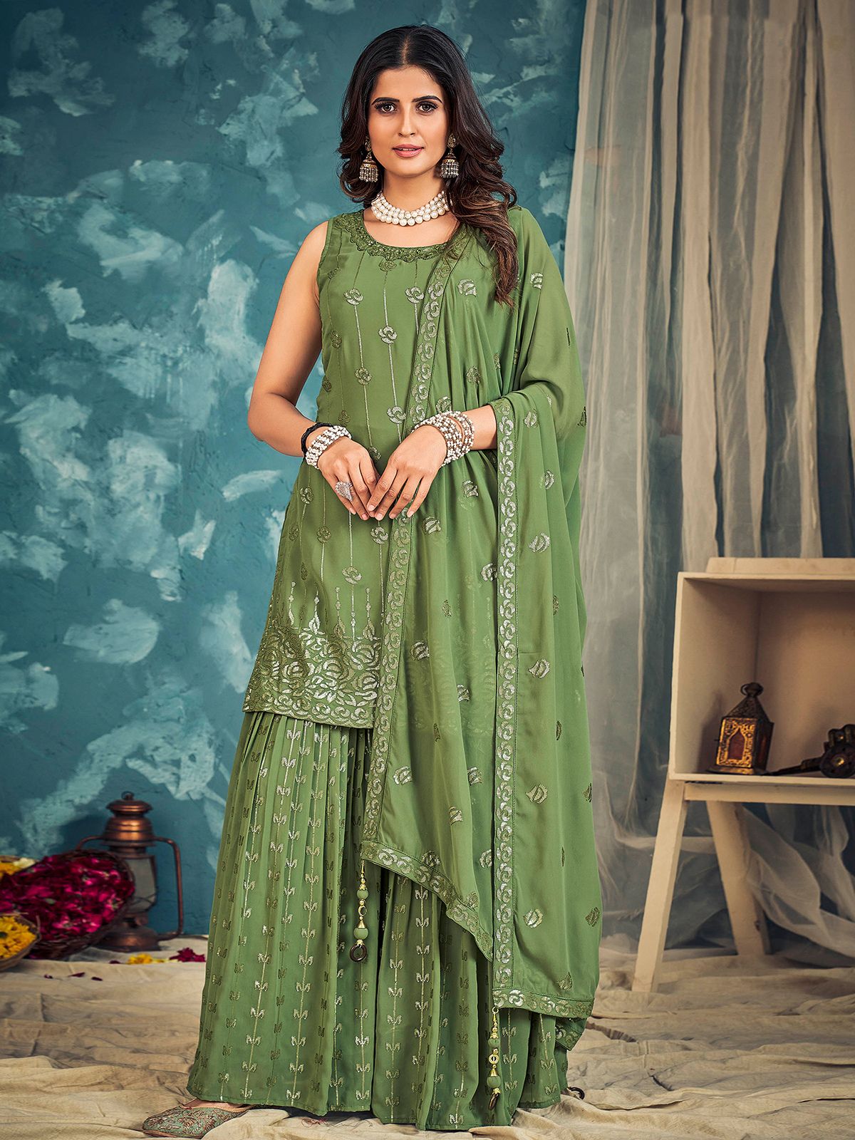 Odette Green Georgette Embellished Stitched Salwar Suit Set For Women