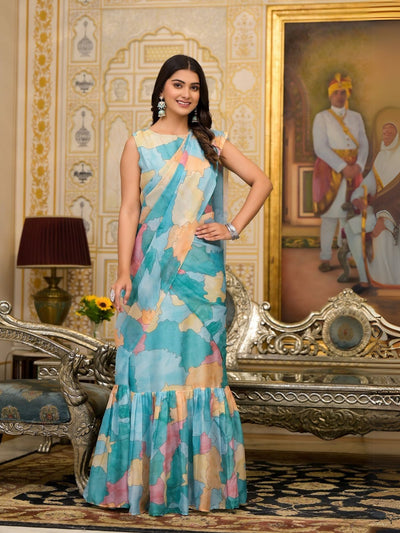 Odette Blue Printed Georgette Ready To Wear Saree For Women